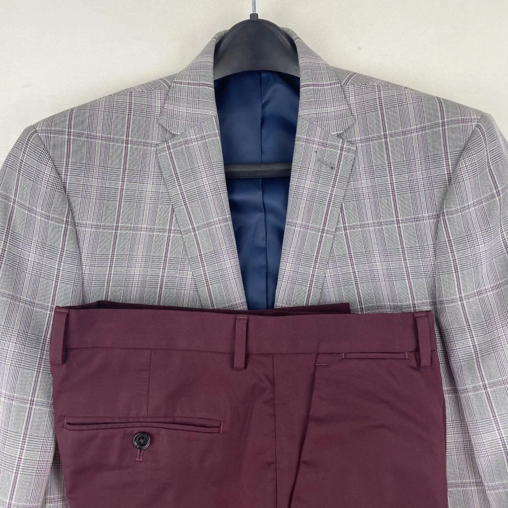 Graham & Co Plaid Blazer 40L & Express Photographer Pants 30x32 Burgundy Suit